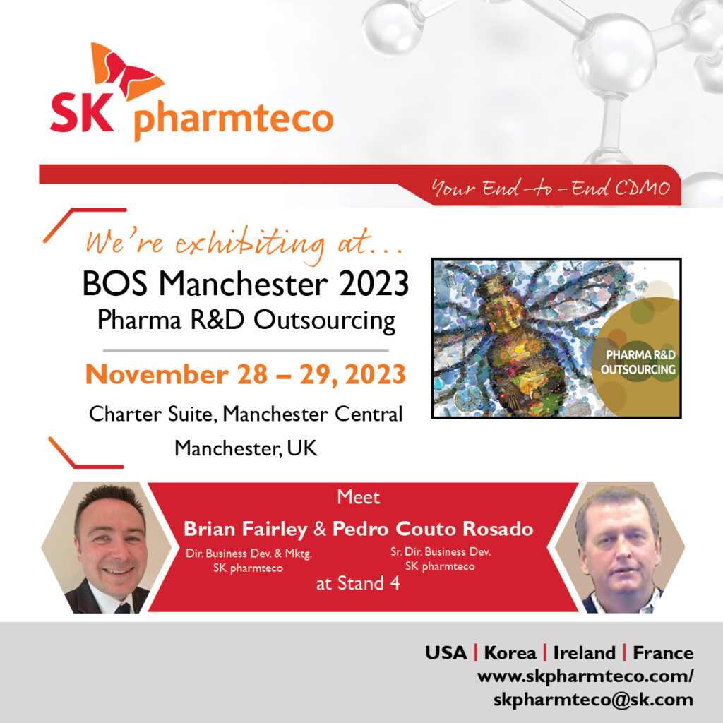 SK pharmteco is attending BOS Manchester 2023 Pharma R & D Outsourcing November 28 – 29, 2023 at Charter Suite, Manchester Central. Visit Brian Fairley and Pedro Couto Rosado at stand 4. Learn more about the event here.